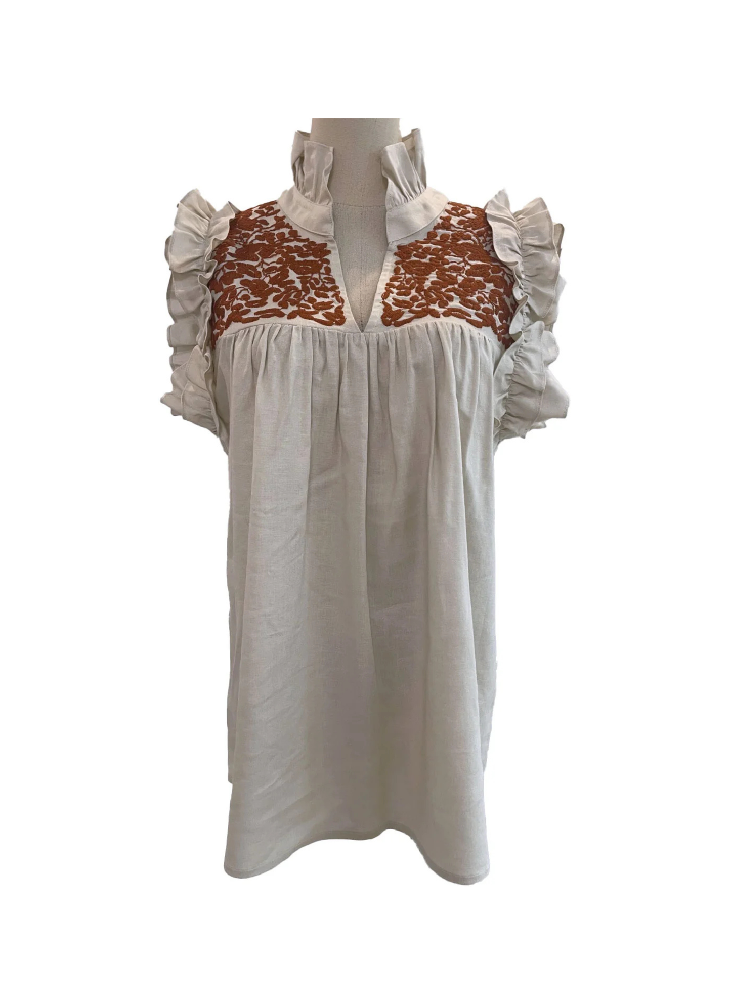 Cream Linen + Burnt Orange Hummingbird Blouse