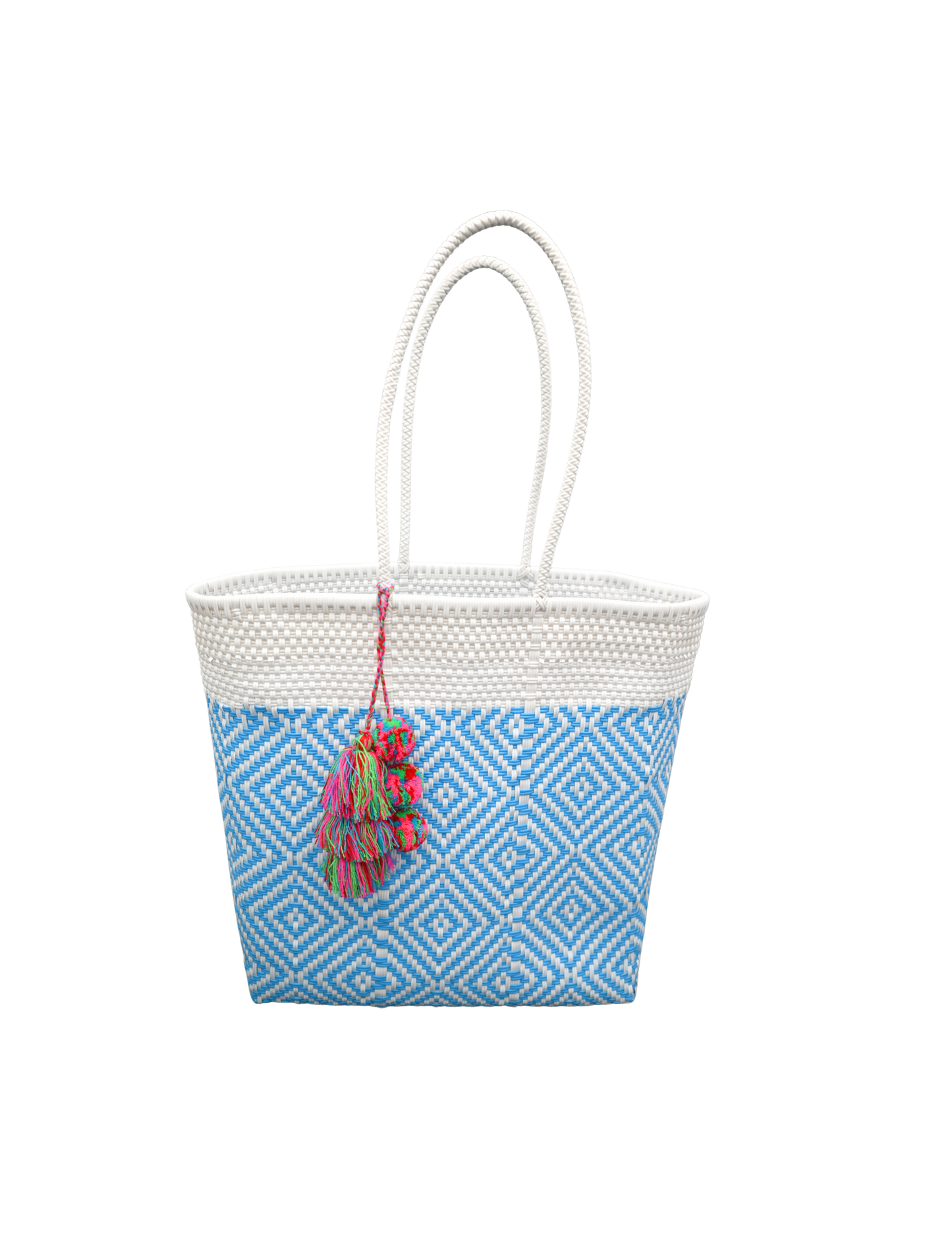 Handwoven Market Tote – Light Blue with Multicolor Tassel