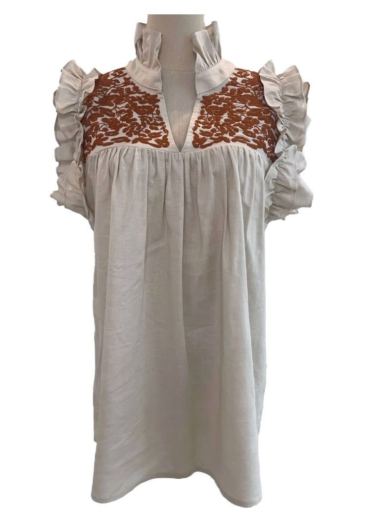 Cream Linen + Burnt Orange Hummingbird Blouse