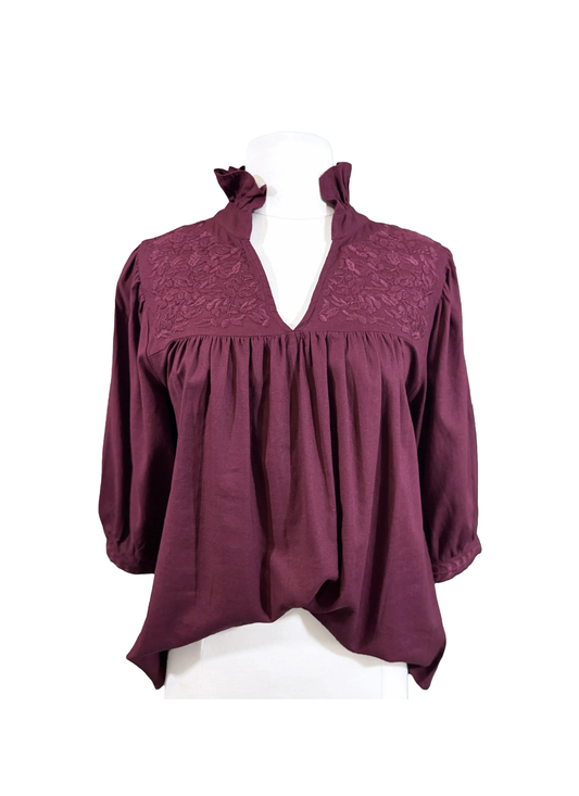 Double Maroon Linen Tailgater Blouse