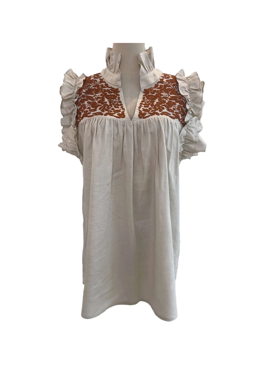 Cream Linen + Burnt Orange Hummingbird Blouse