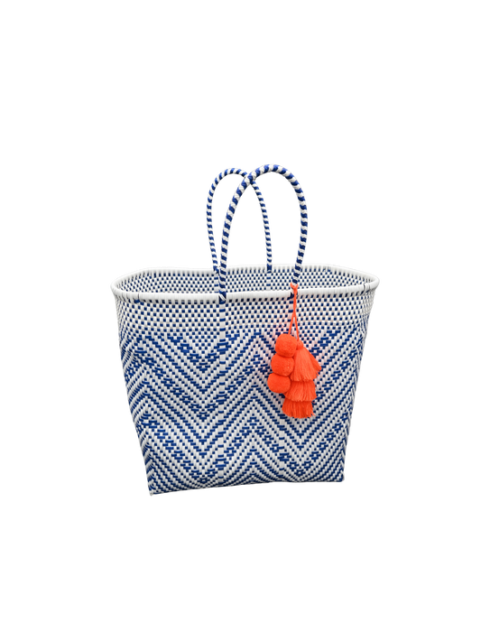 Handwoven Chevron Market Tote – Blue & White