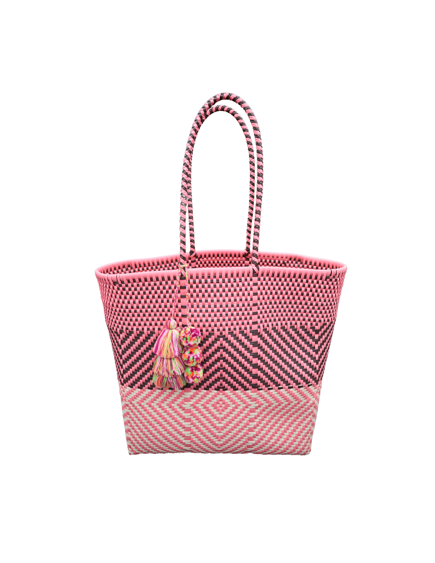 Handwoven Chevron Market Tote – Pink & White