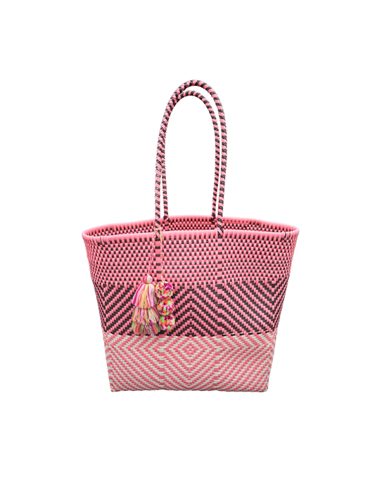 Handwoven Chevron Market Tote – Pink & White