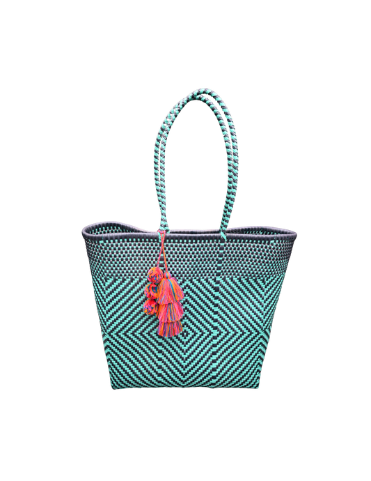 Handwoven Chevron Market Tote – Turquoise