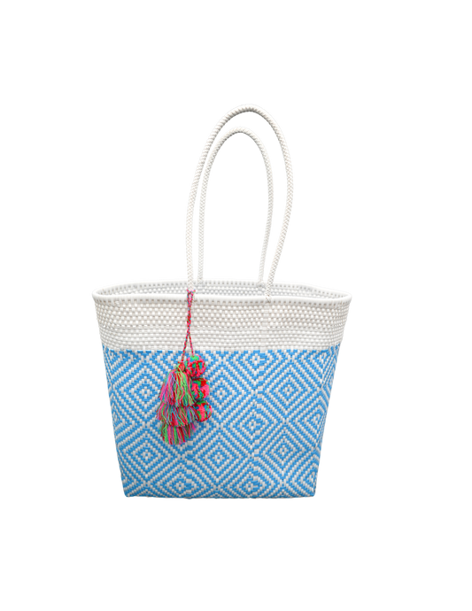 Handwoven Market Tote – Light Blue with Multicolor Tassel