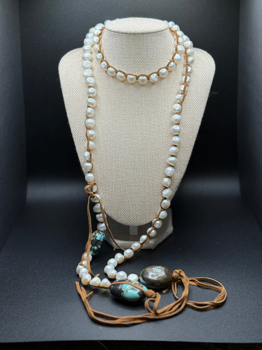 Handmade Freshwater Pearl Necklace with Three Large Turquoise Stones