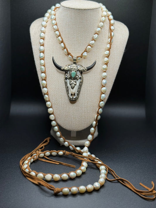 Handmade Freshwater Pearl Necklace with Longhorn Turquoise Pendant