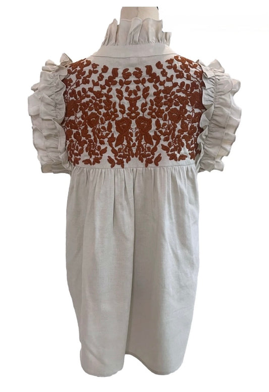 Cream Linen + Burnt Orange Hummingbird Blouse
