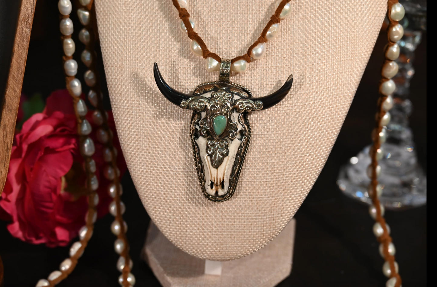 Handmade Freshwater Pearl Necklace with Longhorn Turquoise Pendant