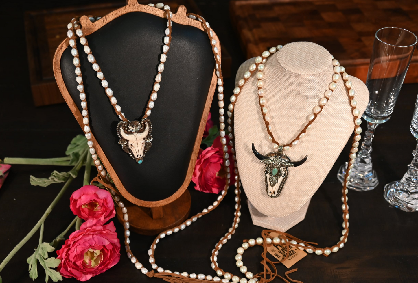 Handmade Freshwater Pearl Necklace with Longhorn Turquoise Pendant