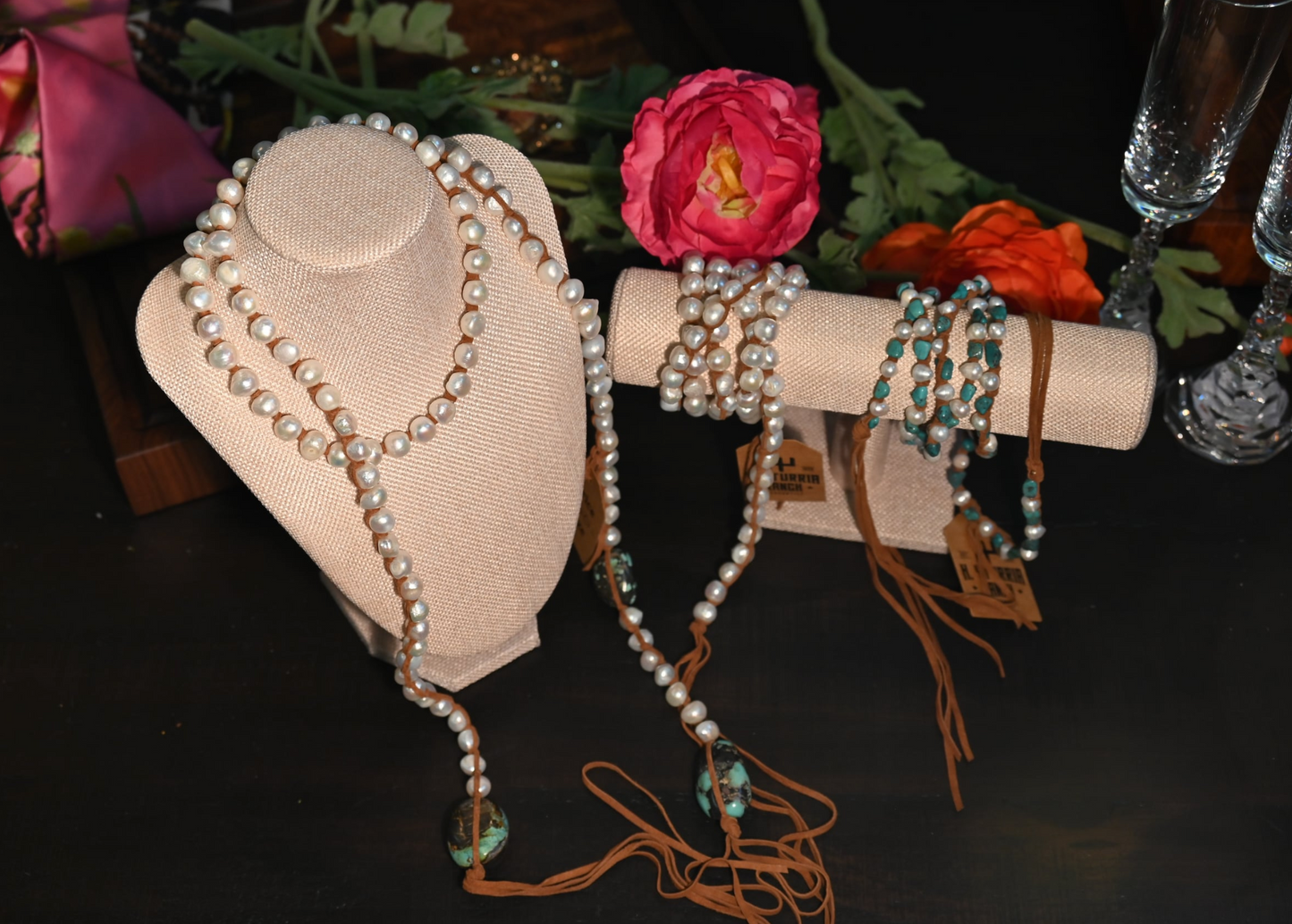 Handmade Freshwater Pearl Necklace with Three Large Turquoise Stones