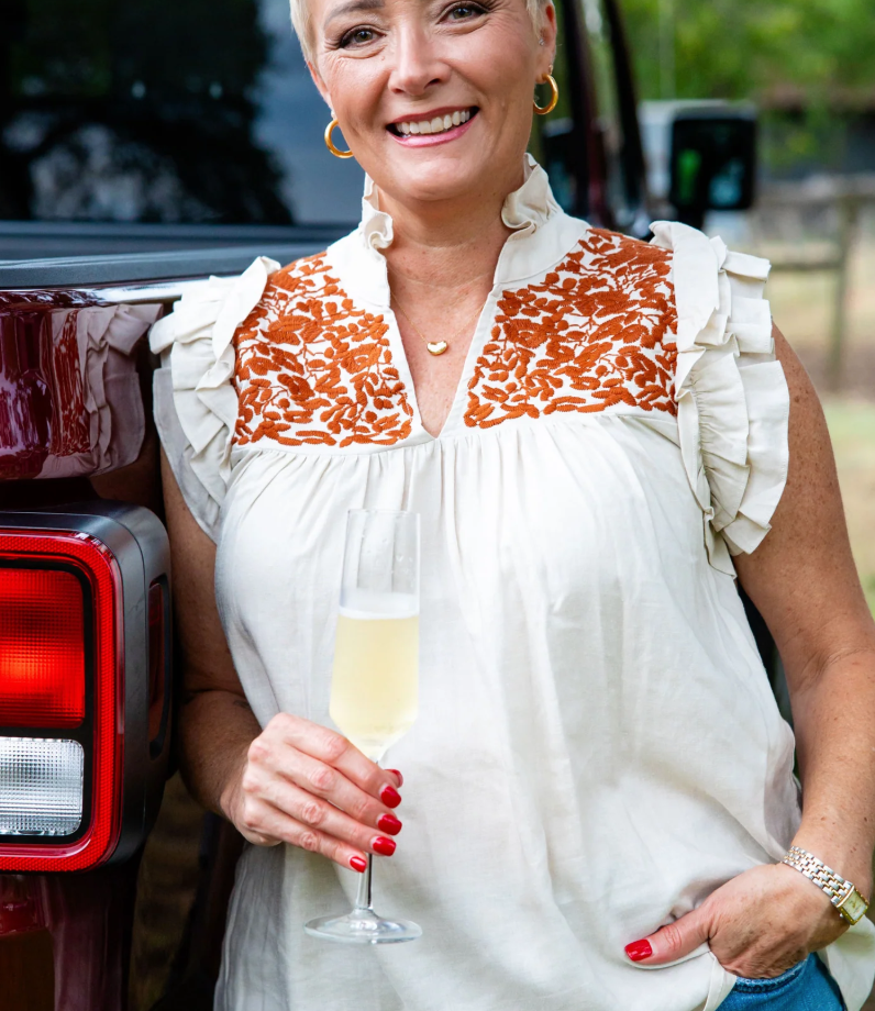 Cream Linen + Burnt Orange Hummingbird Blouse